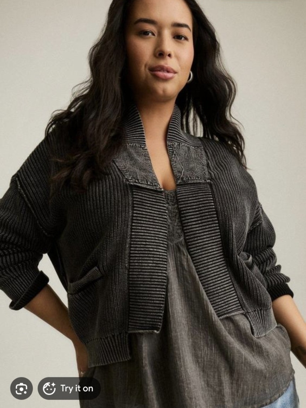 Festi/Torrid Cropped Rib-Knit Bomber Jacket in Charcoal
